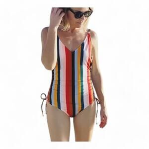 Time and Tru Multicolor Verticle Stripe One Piece Swimsuit V-Neckline Size M